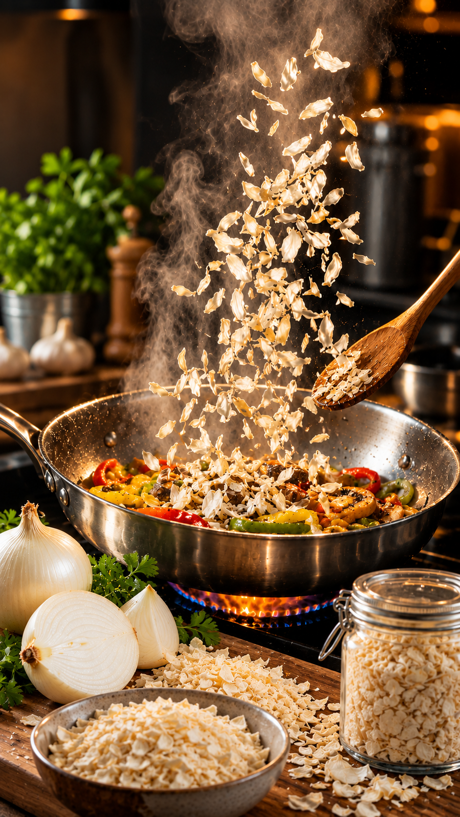 Dehydrated onion flakes used in food preparation